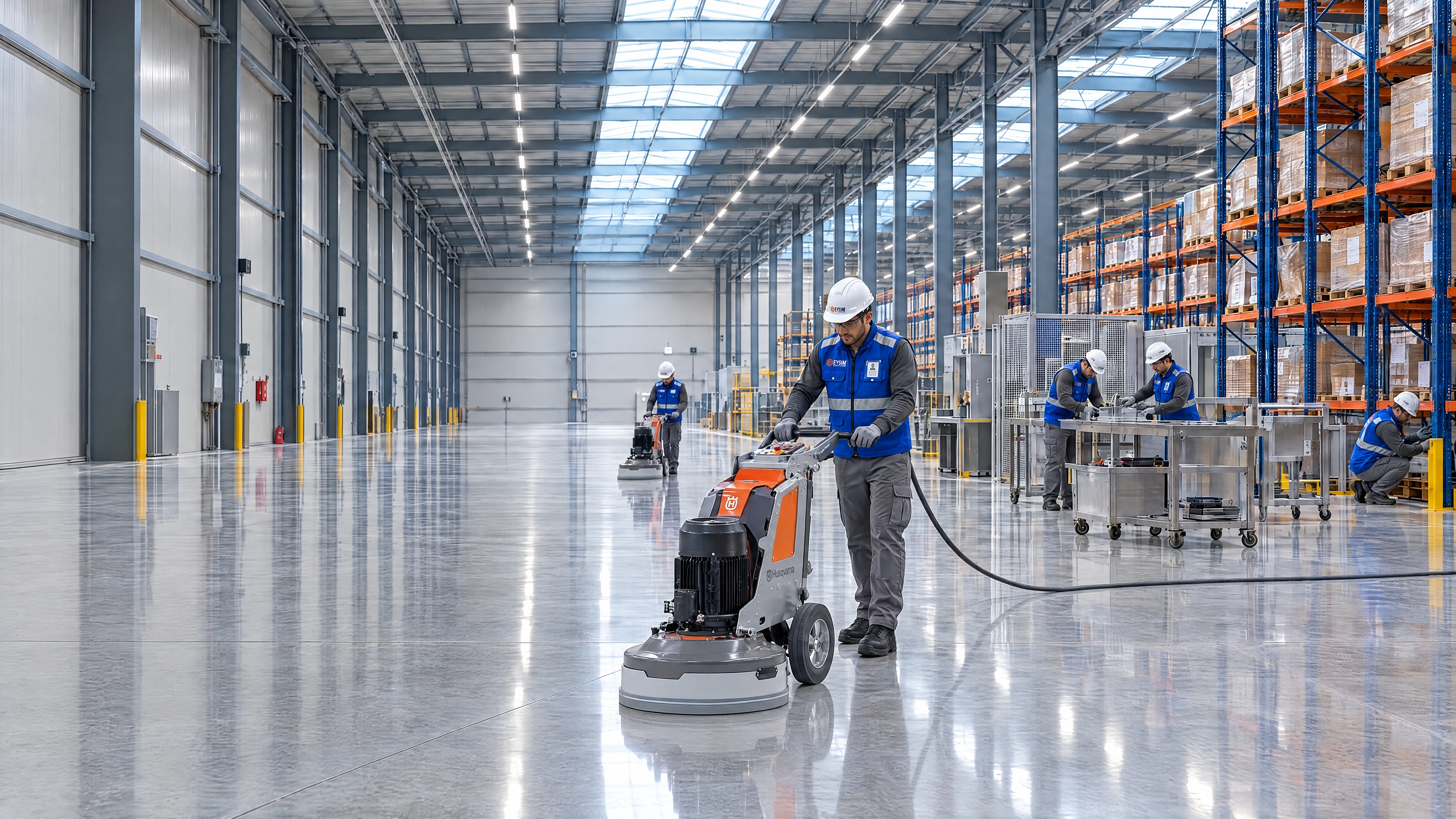Equipo EYSIM con chaleco azul y uniforme gris realizando pulido de concreto con maquinaria industrial, fabricación en acero y trabajos en racks dentro de una planta de gran escala