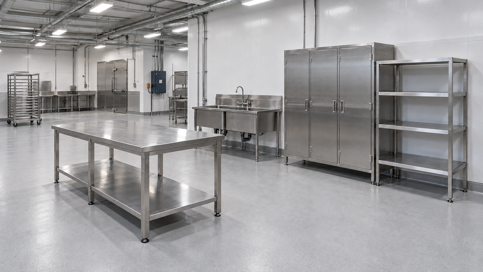 Mesa de preparación, estación de lavado con tarjas y mobiliario de acero inoxidable en una cocina industrial