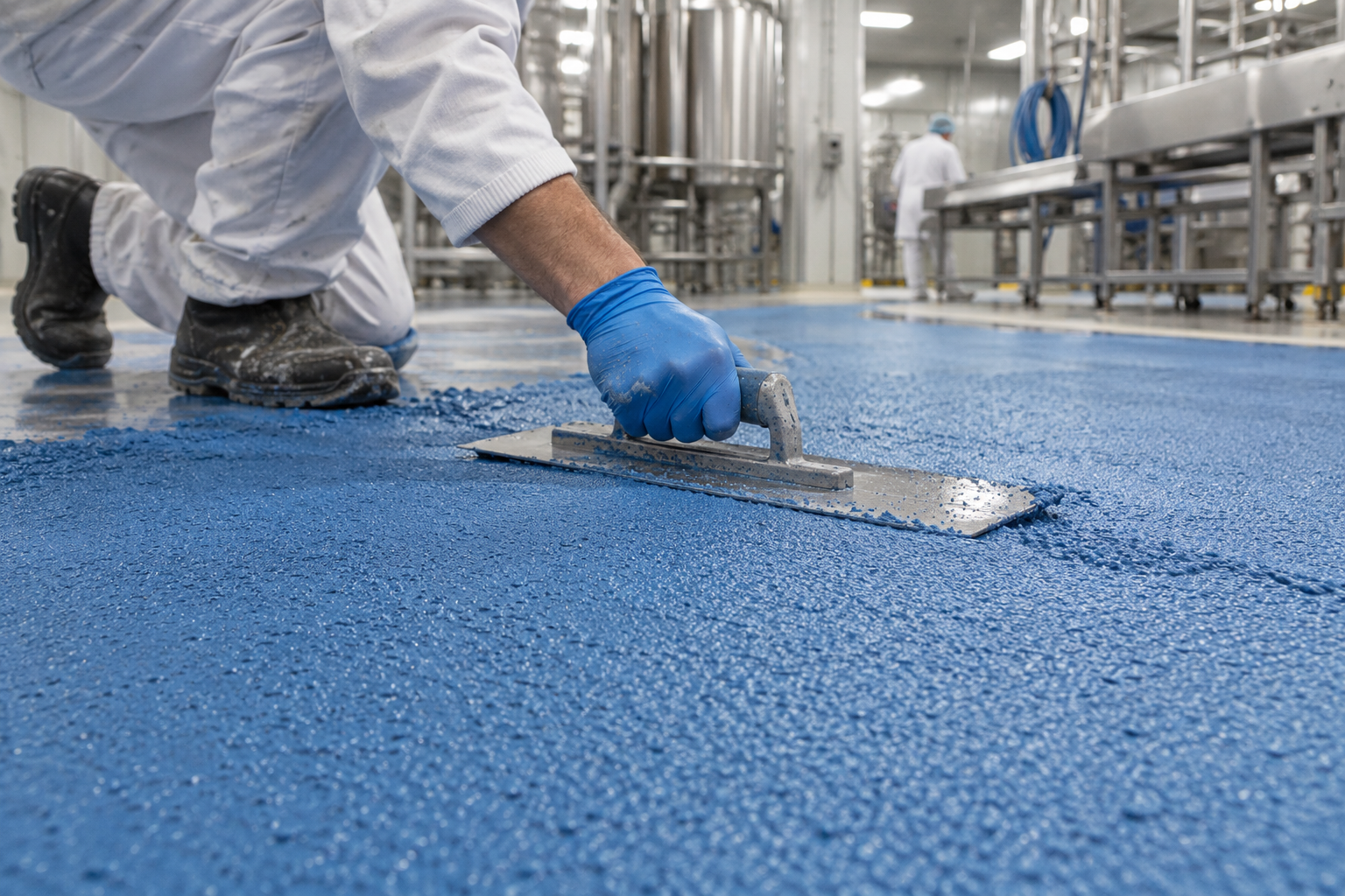 Aplicación con llana de un piso azul de uretano cementicio con textura granular