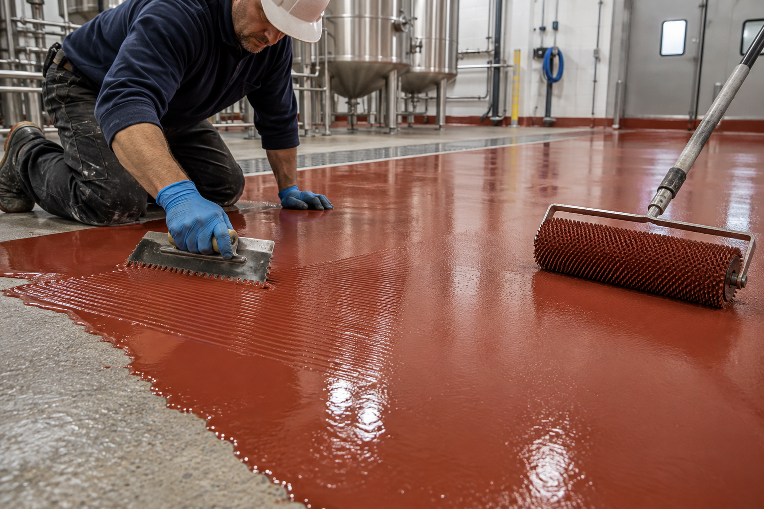 Aplicación de poliuretano cementicio rojo de acabado liso en un piso industrial
