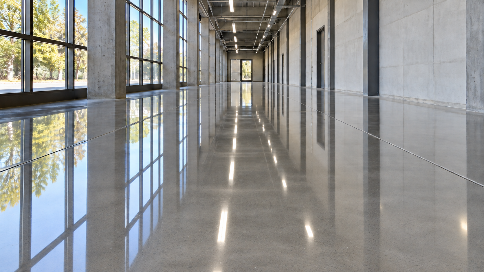 Nave industrial con piso de concreto pulido tipo espejo y reflejos nítidos de ventanas y luminarias