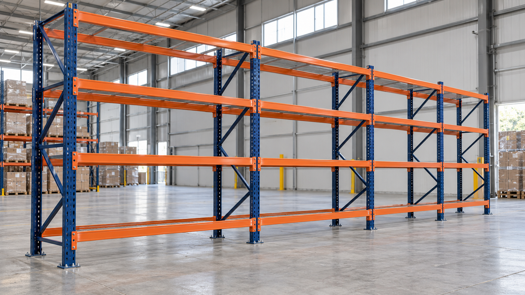 Racks industriales terminados con bastidores azules, vigas naranjas y componentes de acero definidos en una nave