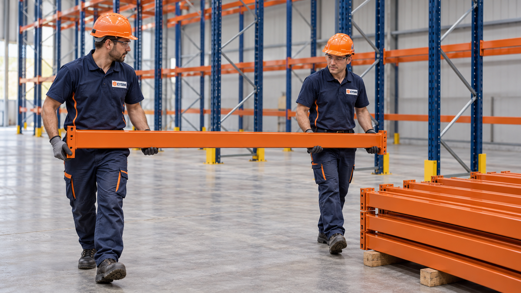 Dos técnicos con uniforme EYSIM trasladan una viga naranja entre racks azules, con los componentes organizados junto al área de trabajo.