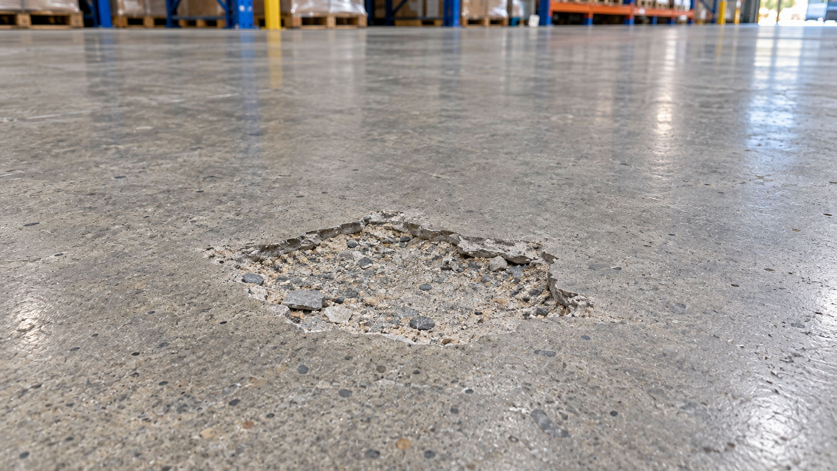 Bache con concreto desprendido y agregado expuesto en un piso industrial